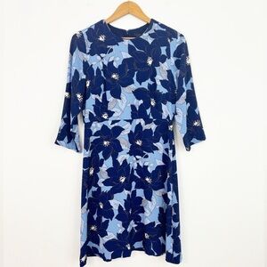 Ann Taylor Blue Navy Floral 3/4 Sleeves Round Neck Shift Midi Dress Size 8